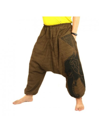 กางเกงฮาเร็ม พิมพ์ลายช้าง ผ้าฝ้ายผสมสำหรับสุภาพบุรุษและสุภาพสตรี * สีน้ำตาล
