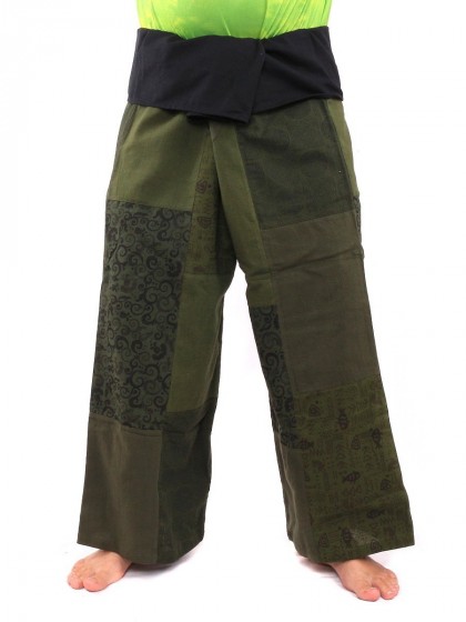 กางเกงเลผ้าตัดต่อ กางเกงสะดอ กางเกงขาก๋วย สีเขียวขี้ม้า Size L
