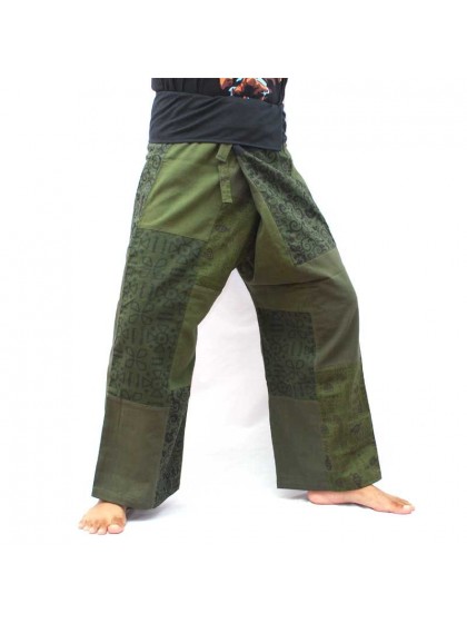 กางเกงเลผ้าตัดต่อ กางเกงสะดอ กางเกงผ้าพื้นเมือง สีเขียวขี้ม้า Size M